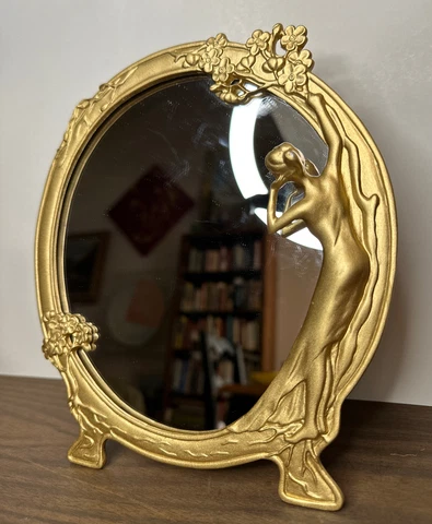 Vintage Art Nouveau Deco Round Brass Framed Lady Woman Standing Mirror 8” Cover