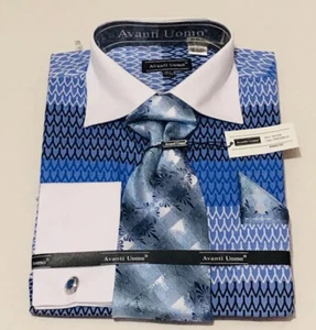 Men's Avanti Uomo Dress Shirt Blue/white Necktie Hanky Cufflinks Set 15.5 - Picture 1 of 1