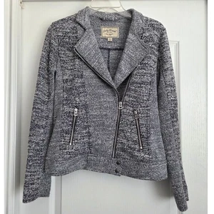 Lucky Brand Tweed Moto Jacket Knit Sweater Full Zip Pockets Blue White Sz Small - Picture 1 of 7