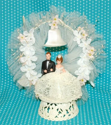 Vtg Bride & Groom Wedding Cake Topper Bell Flowers Stand Lace Floral Arch - Image 1 of 4