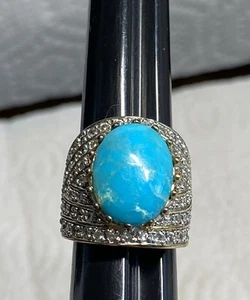 Vintage Ring Signed, 925 RS China, Ross Simons, Sterling Turquoise Pave Crystals - Picture 1 of 16
