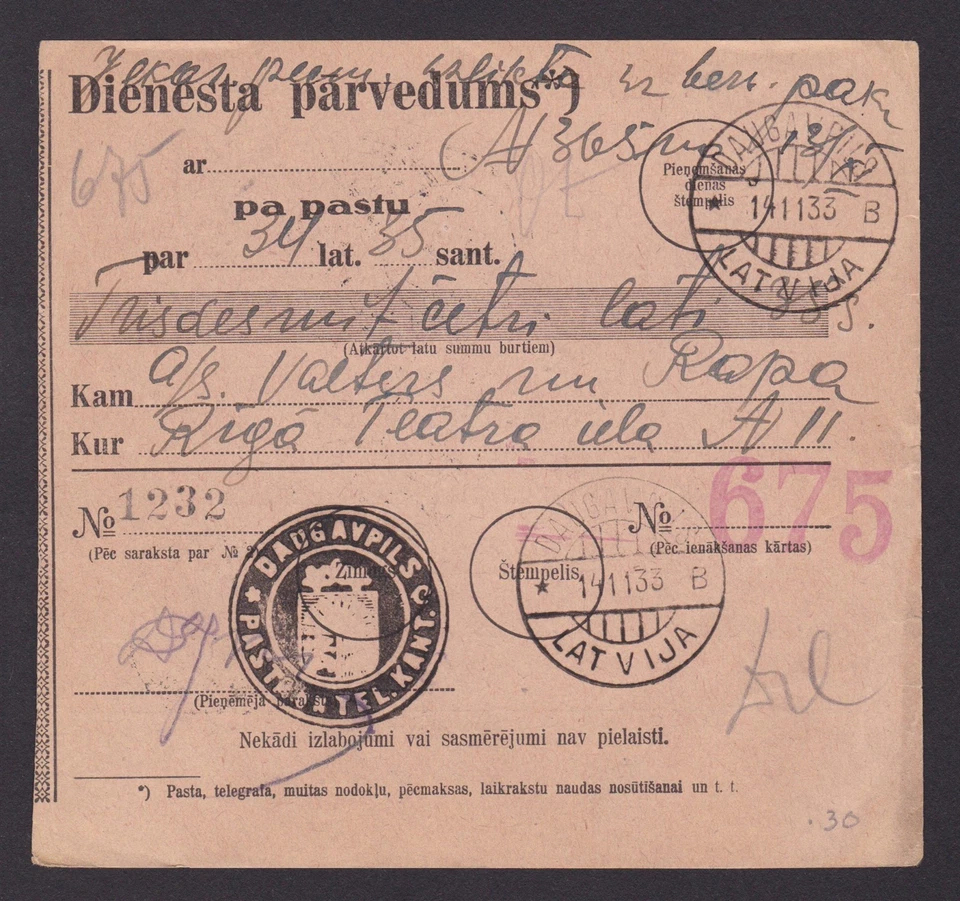 LETONIA 1933, giro postal de Daugavpils a Riga Foto 1 de 2