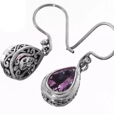 Pendientes de gancho francés Bali de plata esterlina filigrana y amatista lágrima 5/8" Foto 1 de 4