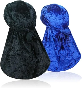 2 Stück Crushed Velvet Wave Durag - Premium Soft Kopfbedeckung mit Schwarz + Blau  - Bild 1 von 7