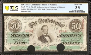 1863 $50 BILL CONFEDERATE STATES CIVIL WAR NOTE CSA PAPER MONEY T-57 PCGS 35 - Picture 1 of 2