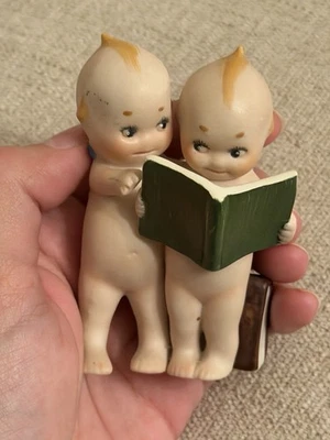 Antique 3.75” Rose O’Neill Kewpie Dolls Reading Book – Bisque Pair, 1913 Mark - Image 1 of 4