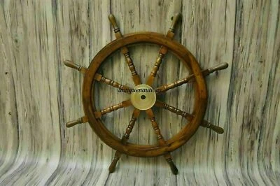 36 Inch Brass Nautical Big Ship Steering Wheel Wooden Antique Teak Pirate Ship's - Image 1 of 3