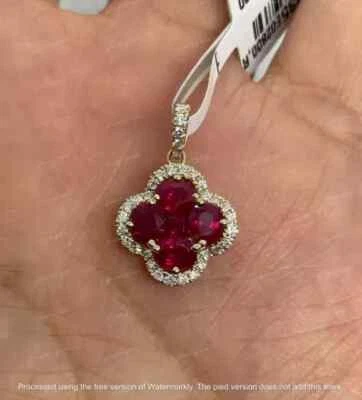 2Ct Oval Cut Lab-Created Ruby Clover Shape Pendant 14k Yellow Gold plated 18” - Image 1 of 3