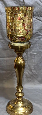 12英寸高黄铜金属(印度)脚踏夹和金色/红色莫萨克·赫里坎蜡烛 — 第 1/4 张图片