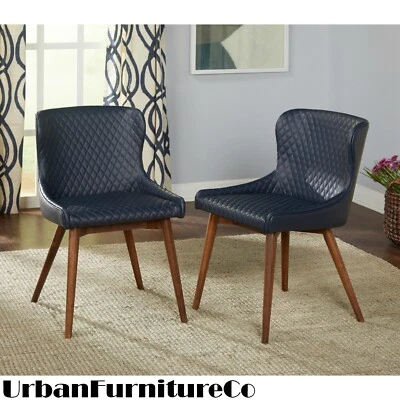 Set of 2 Dining Chairs Kitchen Room Blue Upholstered Faux Leather Seat Wood Legs - Image 1 of 4