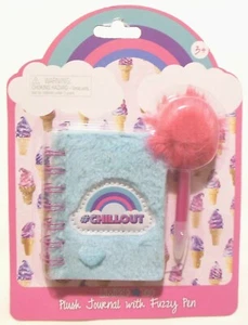 Blue Plush Mini Notebook Journal with Pink Fuzzy Pen Chillout Slogan - Picture 1 of 3
