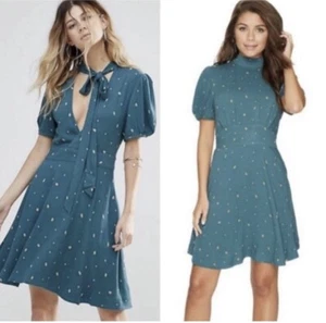 Free People Abbie Mini Dress Size 2 Teal Dot Reversible Stretchy Deep V NWT - Picture 1 of 10