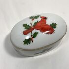 Vintage Lefton Cardinal Bird Trinket Box Oval Holly Berries White Signed Sticker