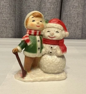 Vintage Snowman in Santa Hat by Child with Shovel Hard Plastic Christmas Village - Picture 1 of 10