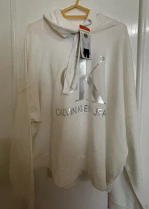 Calvin Klein Damen Weiß Jacke Pullover Folie Monogramm Cropped Hoodie Baumwolle Neu - Bild 1 von 11