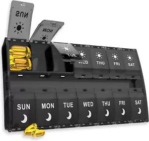 XL Large Pill Organizer 7Day Weekly Medicine Box 2 Times a Day Hinged Lids Black - Picture 1 of 6