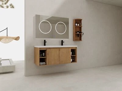 Mueble tocador de baño montado en la pared de 48" + fregadero doble de resina + estante de almacenamiento Foto 1 de 4