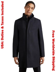 Ted Baker Mens Navy Wool Blend Funnel Neck Coat Overcoat Size 5 (XL) - Picture 1 of 18