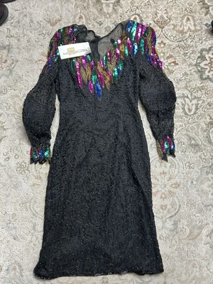 Vintage SCALA Women’s Sequin Beaded Black Silk Party Cocktail Dress Size S NEW - Image 1 of 4