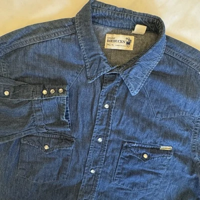 Vintage Roebucks Denim Western Long Sleeve Shirt Men XL Tall Pearl Snap USA Made - Image 1 of 4