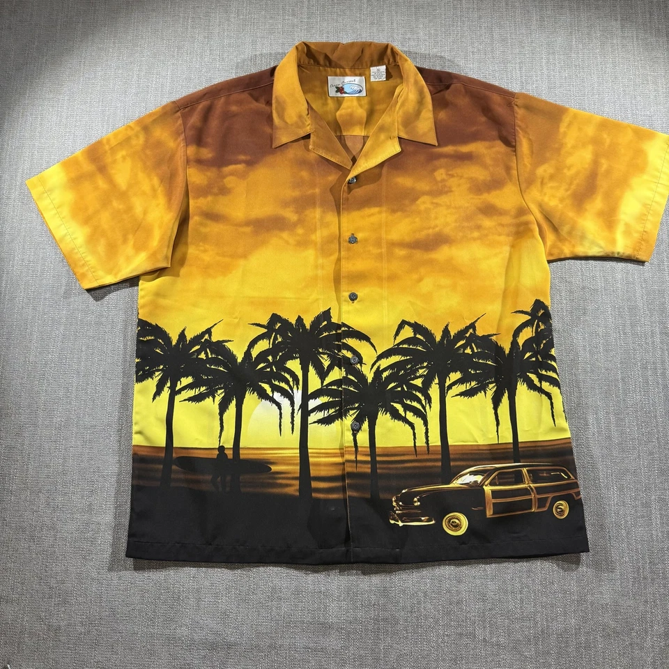 Ocean Current 衬衫男式 XL 棕色黄色夏威夷汽车棕榈树日落海滩 XL — 第 1/4 张图片