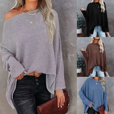 Women Batwing Long Sleeve Knitwear One Shoulder Solid Color Sweater Tunic Top - Image 1 of 4