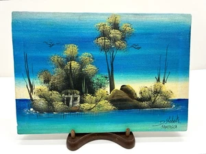 D. ROBERTS Jamaikanische Volkskunst signiert Ölgemälde kleine Insel alte Hütte Bäume - Bild 1 von 7