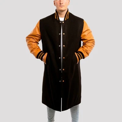 Men’s Black Wool & Camel Leather Varsity Coat – Long Letterman Jacket - Image 1 of 4