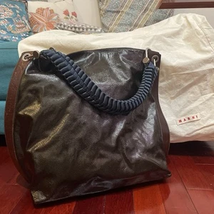 Marni Dark Brown Patent Jumbo Hobo Balloon Bag Woven Blue Seatbelt Handle Italy - Picture 1 of 13