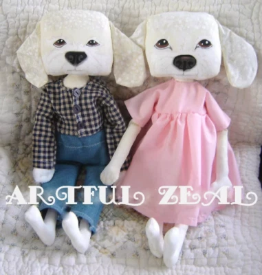 Buy 2 Get the 3rd FREE,  PATTERN, Primitive Folk Art Doll, Bichon Frise Dog, Pet - Image 1 of 2