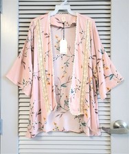 blush floral print lace trim open cardigan L w/ anthropologie earrings