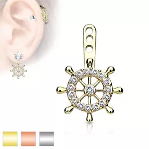 MJ-ED-041 Ship Wheel CZ Paved Helm Earring Jacket / Cartilage Stud Add on Dangle - Picture 1 of 6