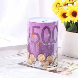 Tinplate Cylinder Piggy Bank Euro Dollar Picture Box Household Saving Money _IL - Picture 1 of 11