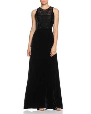NUEVO CON ETIQUETAS ELIE TAHARI Talla 4 Kim Vestido Sin Mangas Encaje-Yugo Terciopelo Negro Maxi $798 Foto 1 de 4