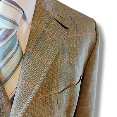 DAKS Signature Mens Tweed Blazer Jacket Size 44S Light Olive Wool Silk Check  - Image 1 of 4