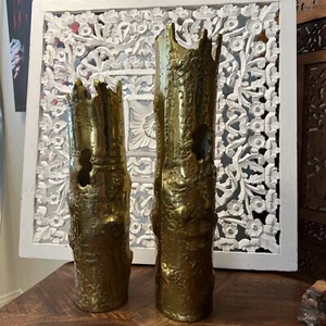 Tall Vase Set Gold Coral Slender Receptacle Pair Ocean Nautical Decor 32 and 30” - Picture 1 of 3