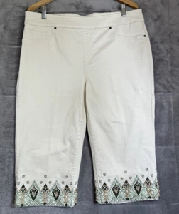 Chico's Capri Pants Women XL Cream Pull On Stretch Denim Embroidered Beads Boho - Picture 1 of 12