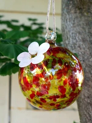 Alimentador de colibríes vidrio soplado a mano rojo y amarillo blanco flor arte popular mexicano Foto 1 de 4