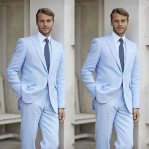 Business Linen Men Suits Single Breasted Spring Summer Wear Slim Fit Peak Lapel - Picture 1 of 9