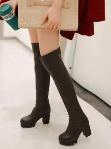 Brown Thigh High Boots Round Toe Chunky Heel Over The Knee Boots New US 8 - Picture 1 of 7
