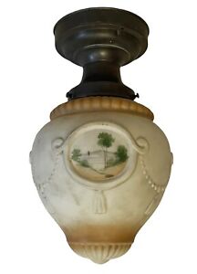 Stunning Antique Victorian Brass Ceiling Flush Mount Light Fixture Painted Shade