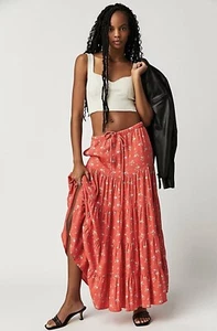 NWT Free People Nova Tiered Floral Maxi Boho Skirt Guava Coral Size Small - Picture 1 of 5
