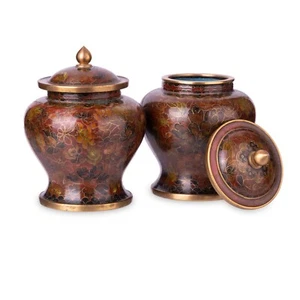 Paar Vintage Burgunder Ochsenblut Cloisonne' Emaille Deckel Ingwer Glas Urne 5" hoch - Bild 1 von 9