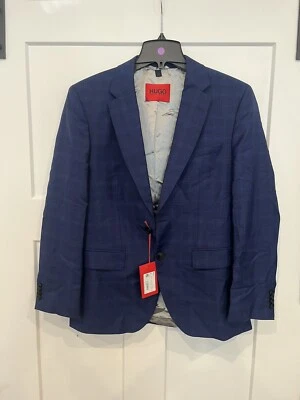 New 36 Short  Hugo Boss Regular Fit Dark Blue Plaid 100% Wool Sport Coat Blazer - Image 1 of 4