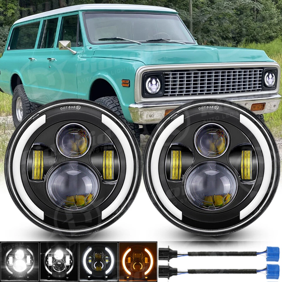 Pair 7" Round LED Headlights Hi/Lo Beam For Chevy C10 C20 Pickup LUV Camaro Nova - Image 1 of 4