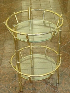 MID CENTURY FAUX BAMBOO CHINESE CHIPPENDALE GILT METAL 2 TIER GLASS SHELF TABLE - Picture 1 of 10