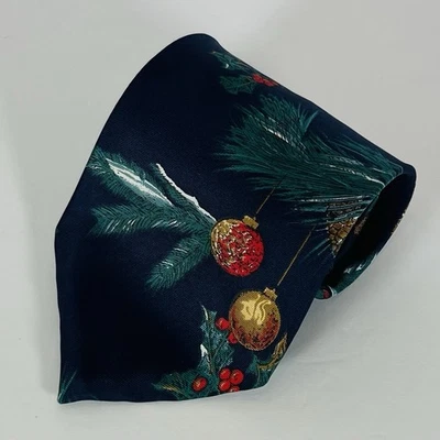 "Corbata de cuello Wembley 100 % seda azul de colección con adornos navideños y ramas de pino 3 7/8""" Foto 1 de 4