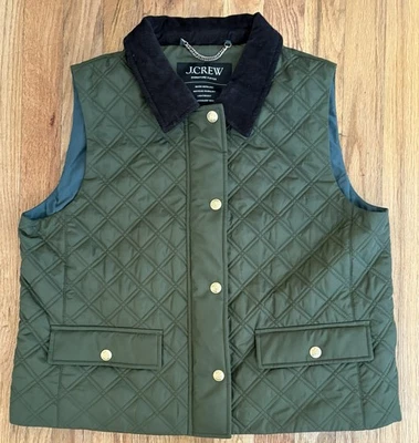 J. Crew Quilted Barn Vest Signature Puffer Sz Small Green Primaloft Cord Collar - Image 1 of 4