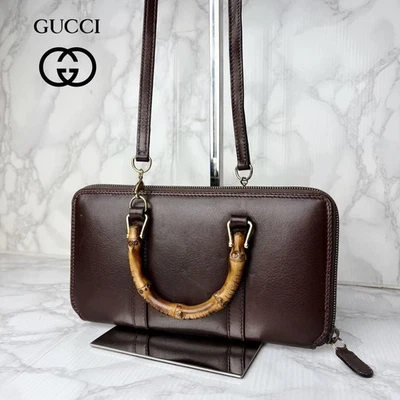 GUCCI Bamboo 2way Hand Bag Shoulder Bag Long Wallet 039 1998 Leather Dark Brown - Image 1 of 4