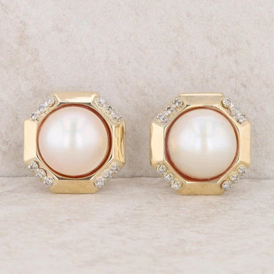 Серьги-гвоздики из желтого золота 14 карат с круглым восьмиугольным жемчугом и бриллиантами Mabe - Изображение 1 из 4